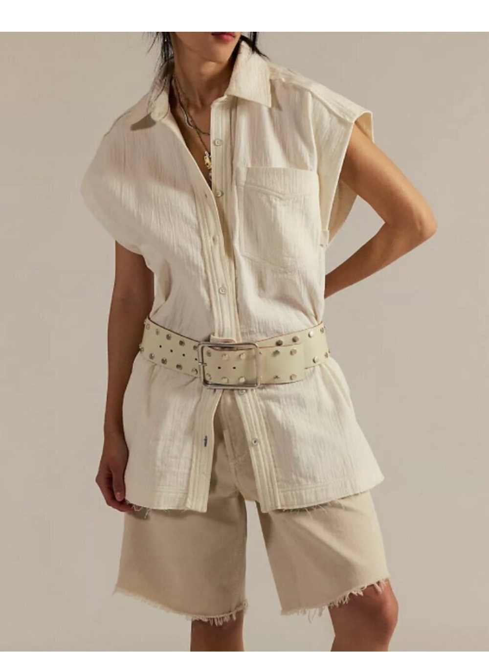 Free People Cream Button-Up Sleeveless Blouse